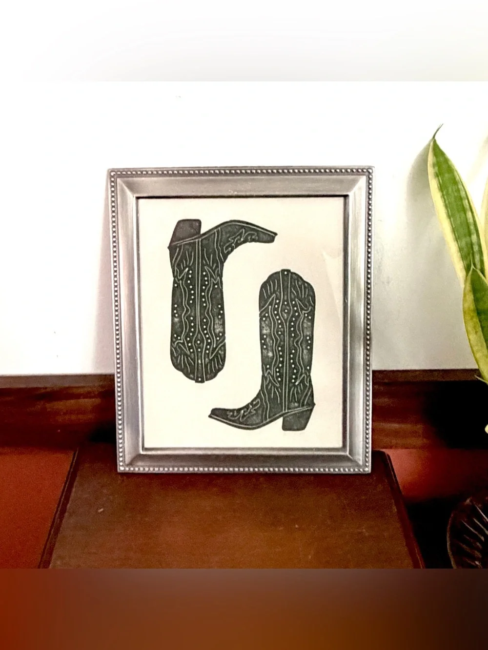 Dark Green Cowboy Boots Cowgirl Western Canvas Art Print Silver Metal Framed Art